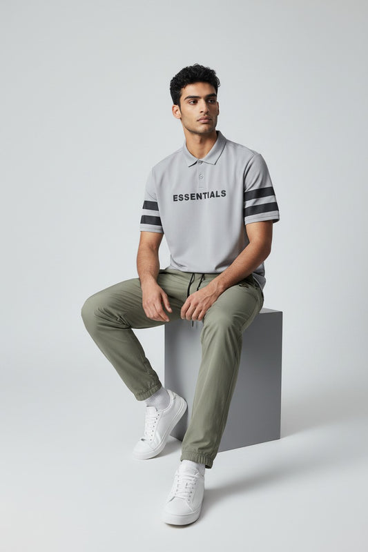 Light olive relaxed-fit Trousers & Grey polo T-shirt