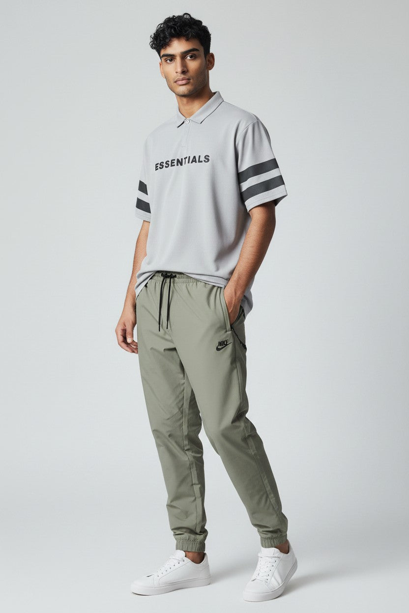 Light olive relaxed-fit Trousers & Grey polo T-shirt